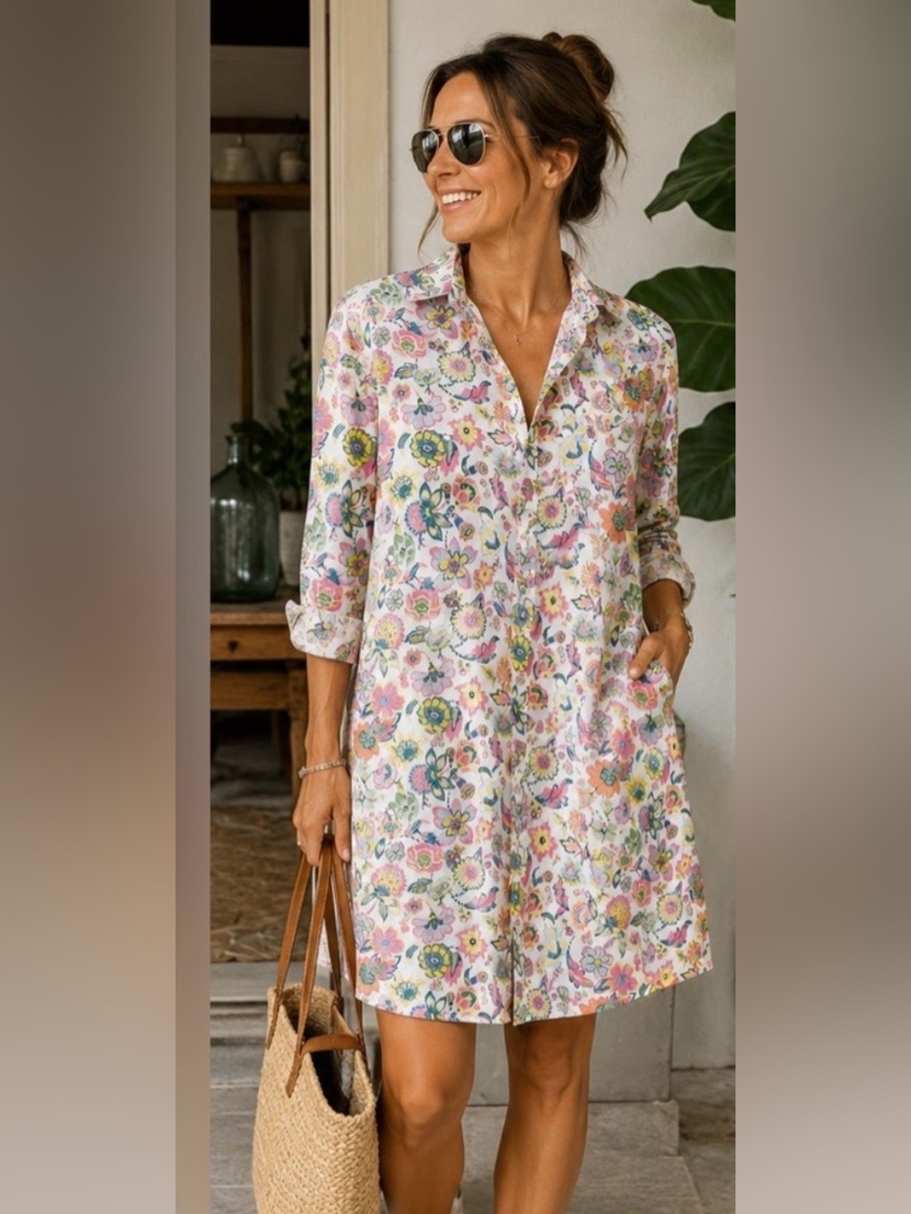 Frank & Eileen Floral Linen Hunter Step Hem Shirtdress